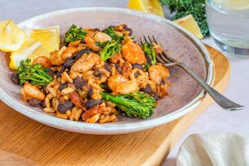 Chorizo and prawns rice with tenderstem broccoli