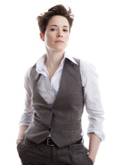 Confident Businesswoman in Stylish Suit with Modern Androgynous Look