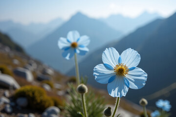 Blue flowers blooming in mountains with soft sunlight and greenery  