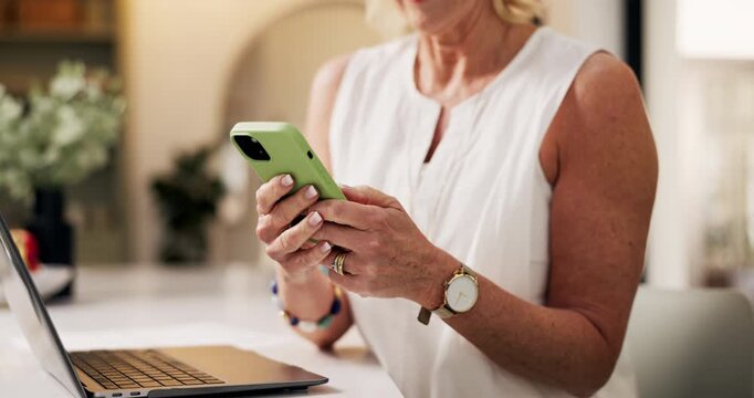 Woman, hands and typing with phone in home for project draft, editing article and creative process. Remote work, freelance writer and technology for proofreading with feedback for story development