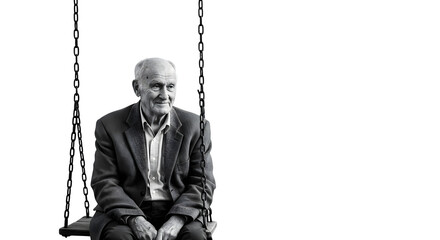 Grayscale photo, Old man in a suit on a swing, is for photo backdrops, cinematic video, and branding.