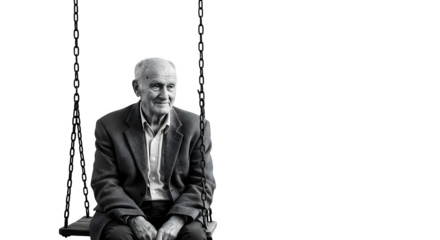 Grayscale photo, Old man in a suit on a swing, is for photo backdrops, cinematic video, and branding.