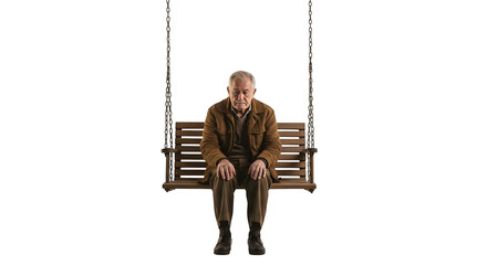 Person sits alone on wood swing with dark background, for portrait photography, social media, video backdrop.