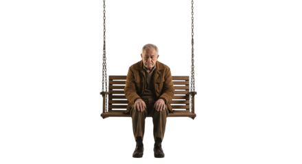Person sits alone on wood swing with dark background, for portrait photography, social media, video backdrop.