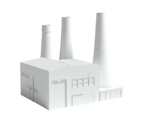 A white industrial building with three tall smokestacks, simple illustration