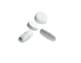 Four white pills, various shapes, floating against a stark black background