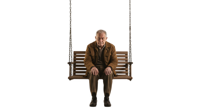 Person sits alone on wood swing with dark background, for portrait photography, social media, video backdrop.