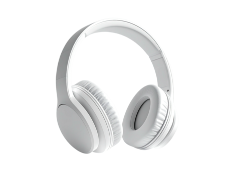 Overhead, white headphones with large earcups sit against a black background