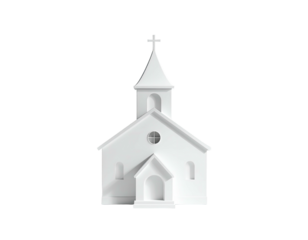 A pristine, all-white, simplified church building with a cross on top