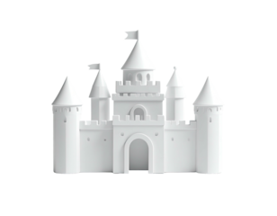 A pristine white castle with turrets and flags set against a stark black backdrop