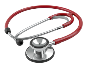 A close-up rendering of a stethoscope, red tubing and silver head