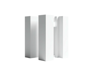 Three white, rectangular pillar-like forms arranged on a stark, black background