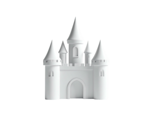 All-white minimalist fairytale castle with turrets and an arched gateway