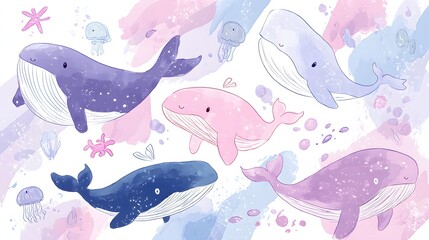 Whimsical illustration displays a collection of colorful, cartoon-style whales with varying shades of blue, purple, and pink, along with jellyfish and starfish against a soft, pastel-colored...