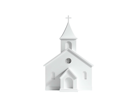 A pristine, all-white, simplified church building with a cross on top