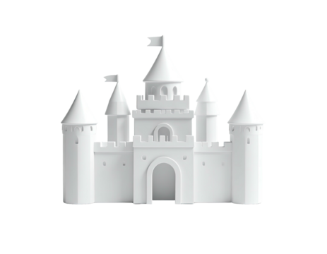 A pristine white castle with turrets and flags set against a stark black backdrop