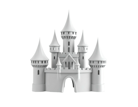 A regal, white fairytale castle isolated against a stark black background