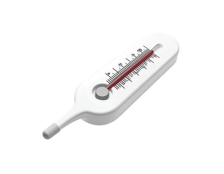 A clean white thermometer with a red indicator against a black background
