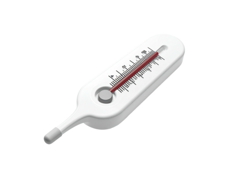 A clean white thermometer with a red indicator against a black background
