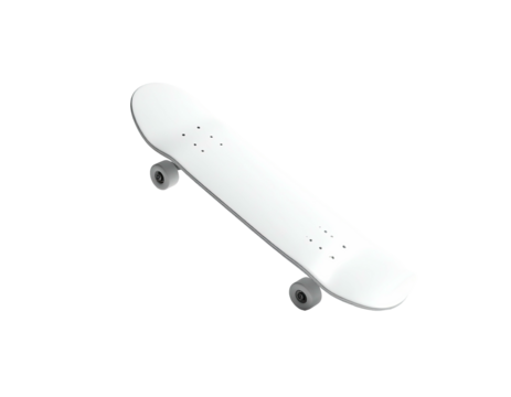 A pristine white skateboard, isolated on a stark black background, angled slightly