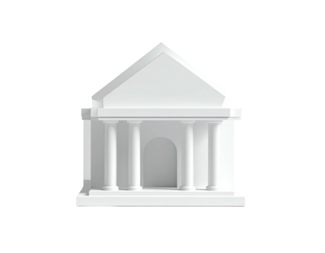 3D-rendered white building with columns, triangular roof on a stark black background