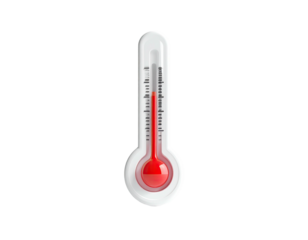 A white glass thermometer with a red bulb and a mercury line on a black background