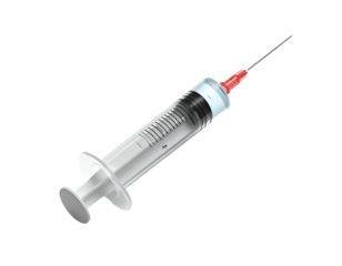 A transparent syringe with a red tip needle angled on a black background