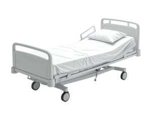 3D-rendered, modern hospital bed with white linens and an adjustable frame