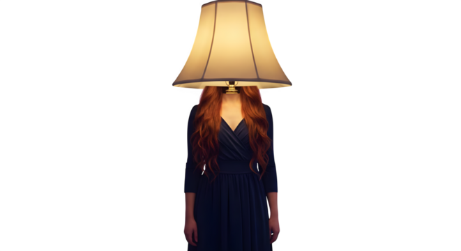 Beige lamp casts soft light on woman in navy dress, isolated on black. Odd, surreal, for editorial, branding.
