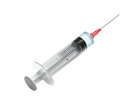 A transparent syringe with a red tip needle angled on a black background