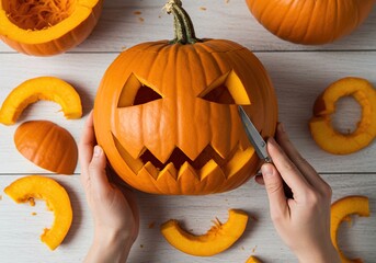 Hands carving a Halloween pumpkin on a wooden table with pumpkin pieces around.