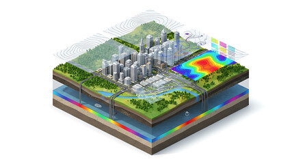 Isometric cross-section of a modern city showing geological layers and environmental data mapping for urban planning