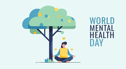 Minimalist Flat Illustration of World Mental Health Day with Meditating Woman