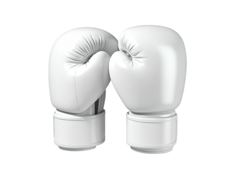 A pair of white boxing gloves, displayed close together with a black background