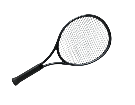 Sleek, all-black tennis racquet, strings visible, angled on a dark background