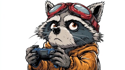 Obraz premium A raccoon wearing aviator goggles and an orange hoodie intensely holds a game controller