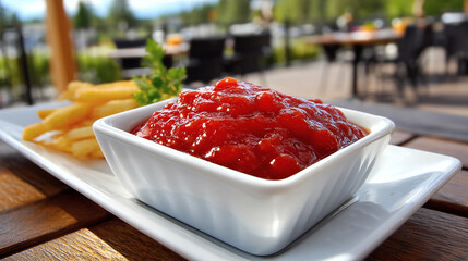 Delicious ketchup served with golden fries perfect for summer barbecues and family fun adding zest to outdoor dining experiences