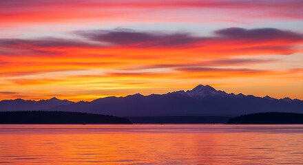 Obraz premium Vibrant Sunset Over Mountain Range and Calm Water.
