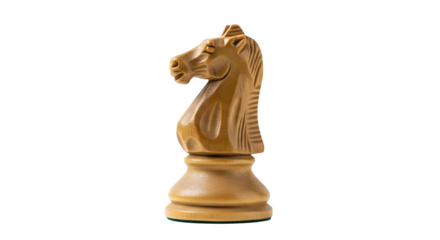 Wooden knight chess piece with carved texture stands on a black background for product photography, strategic concepts, and board game promotions.