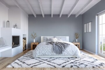 Modern bedroom with a large rug, fireplace, and bed. Neutral colors and natural light