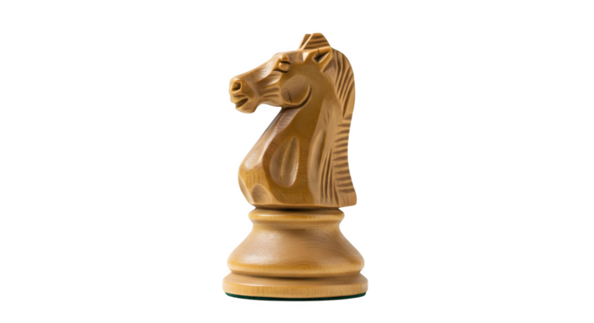 Wooden knight chess piece with carved texture stands on a black background for product photography, strategic concepts, and board game promotions.