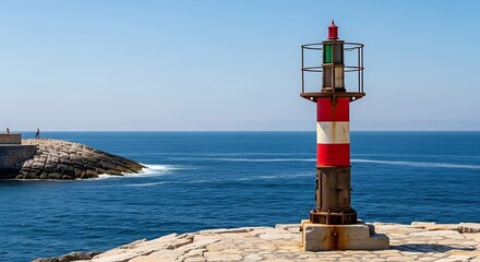 Red and White Striped Lighthouse on a Sunny Coastline.