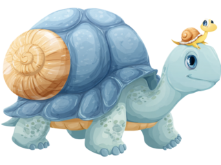 Cute cartoon turtle with a snail on its shell, isolated on transparent background