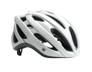 A sleek, white bicycle helmet with vents, angled on a black background
