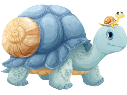 Cute cartoon turtle with a snail on its shell, isolated on transparent background