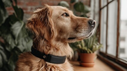 A dog is looking out the window with a collar around its neck