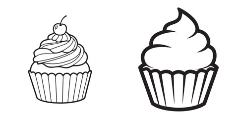 Black and White Line Art Illustrations of Sweet Dessert Cupcakes