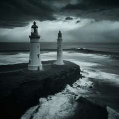 A drone frames a coastal cliff lighthouse with
crashing waves below under an overcast dramatic sky. 