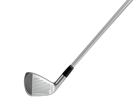 Angled metal golf club, features grooves on the head, against a black backdrop