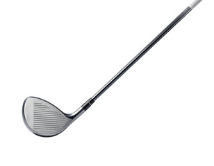 A shiny, metallic golf club angled against a pure black background